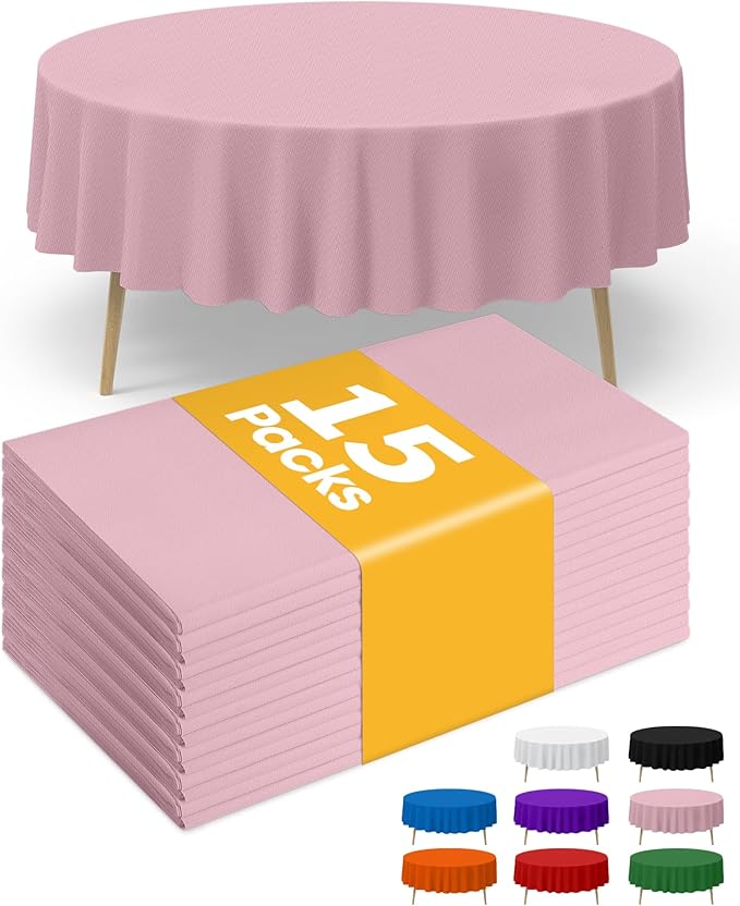 Pink Plastic Table Cloth Round Table 15 Pack, 84'' Tablecloth for Round Tables, Table Cloth for Disposable Use, Table Cover for Holiday Party, Gathering