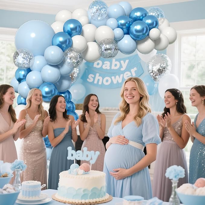 Blue Balloon Arch Kit Garland, Baby Blue Balloons White Silver Confetti Balloons for Boy Baby Shower Decorations Birthday Gender Reveal Bridal Shower Wedding Graduation Ocean Party Decorations