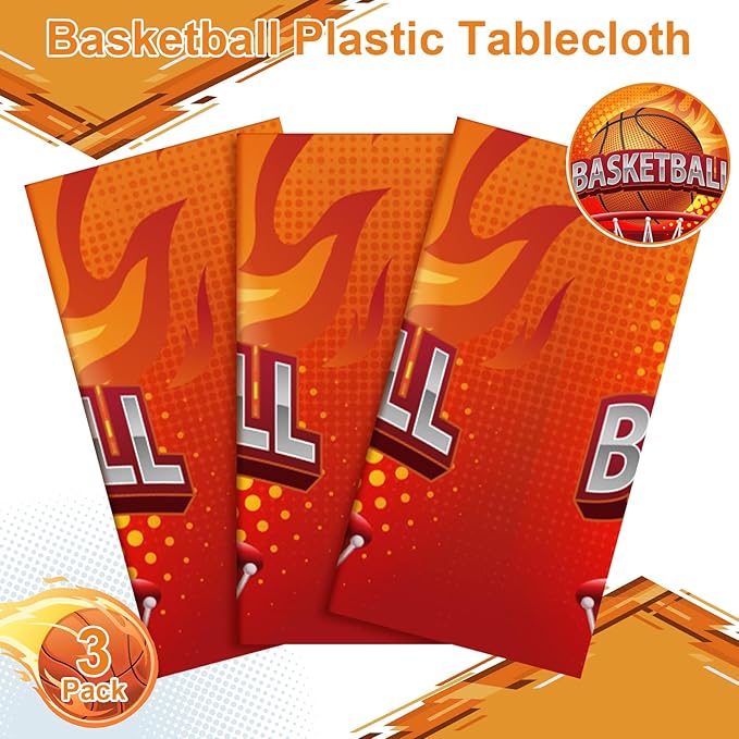3 Pack Plastic Basketball Tablecloth, 54 x 108 Inch Disposable Table Cloth Basketball Party Tablecloth, Waterproof Rectangle Table Cover for Basketballs Senior Night Decorations 2026