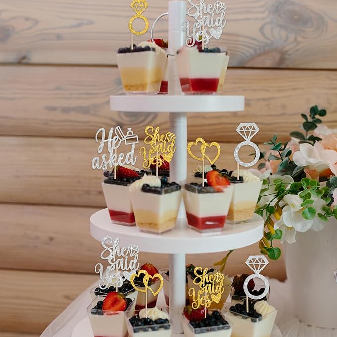 BEISHIDA He Asked She Said Yes Cupcake Toppers, 24 Pcs Engagement Cupcake Toppers Glitter Diamond Ring Heart Cupcake Picks for Wedding Engagement Bridal Shower Party Cake Decorations(Gold and Silver)