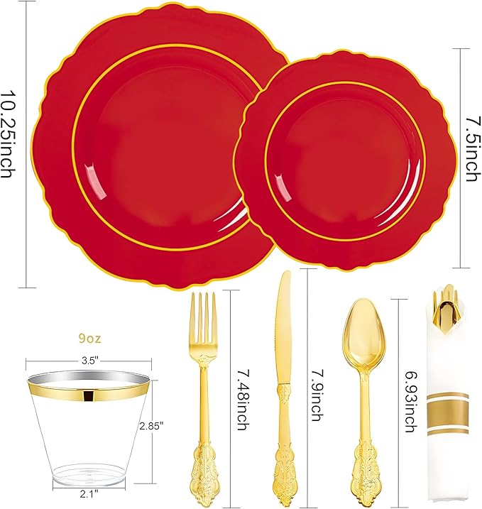 Liacere 350PCS Red Plastic Plates - Red Disposable Plates With Gold Rim - 50Guest Baroque Plastic Dinnerware include 100Plates-50Pack Pre Rolled Napkins with Silverware 50Cups for party & Mothers Day