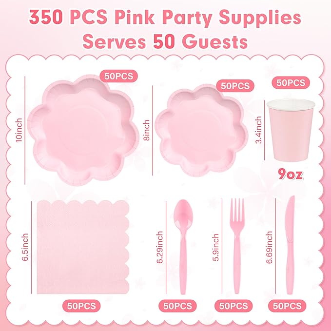 350 Pcs Pink Paper Plates and Napkins Set, Tableware Set for 50 Guests Include Disposable Pink Scalloped Plates, Napkins, Cups, Knives, Forks & Spoon for Baby Shower Easter Party Wedding Birthday