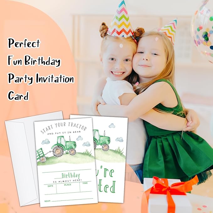 Farmyard Green Tractor Birthday Party Invitation Cards for Boys Girls, Start Your Tractor Birthday Celebration Party Invite Cards Supplies, 20 Double-Sided Fill In Invites With Envelopes -02