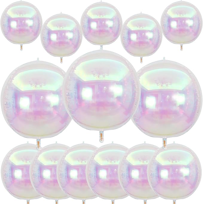 14 Pcs Iridescent Round Foil Balloons 22/15/10 Holographic 4D Ball Balloons Clear Balloon Ornament Mylar Balloon for Girls Mermaid Under The Sea Rainbow Birthday Wedding Disco Party Decoration