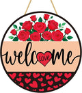 Valentines Day Decorations - Wreath Welcome Sign for Front Door | Rustic Round Wood Wreaths,Heart Rose Garland Outdoor Indoor - Valentines Decor Party Favors Supplies for Door Wall Room Porch Kitchen
