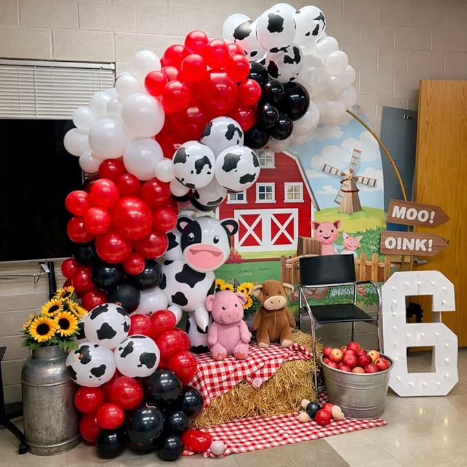 Cowboy Balloons Arch Kit- 150pcs Red Black White and Cow Print Balloons for Rodeo Themed Cowboy Cowgirl's Birthday Party Decorations - Farm Animal Party Supplies