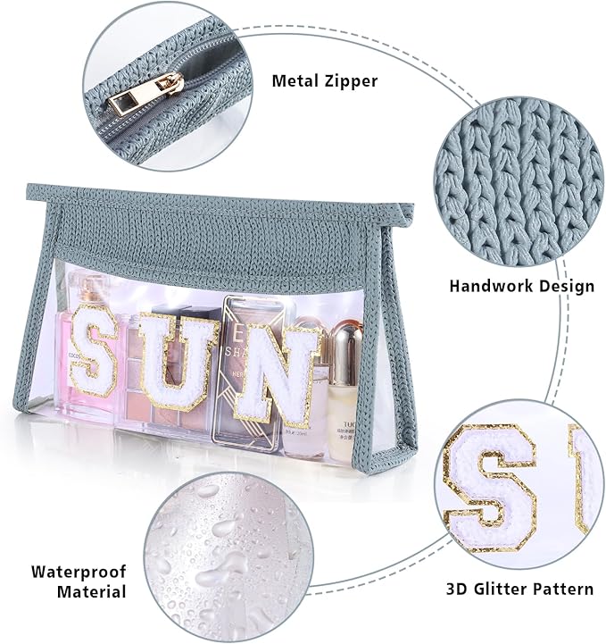 Sunscreen Bag Clear Makeup Bag Chenille Letter Sun Cosmetic Pouch Summer Beach Essential Cute Toiletry Pouch Travel Accessories Gifts for Women