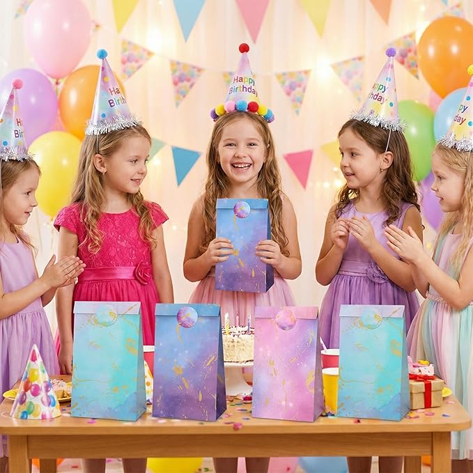woric 36PCS Tie Dye Party Favor Bags with Stickers, Gradient Pink and Purple Small Gift Bags Self Stand Gold Foil Goodie Bag for Kids, Girls Birthday, Baby Shower, Wedding Party Favor Supplies