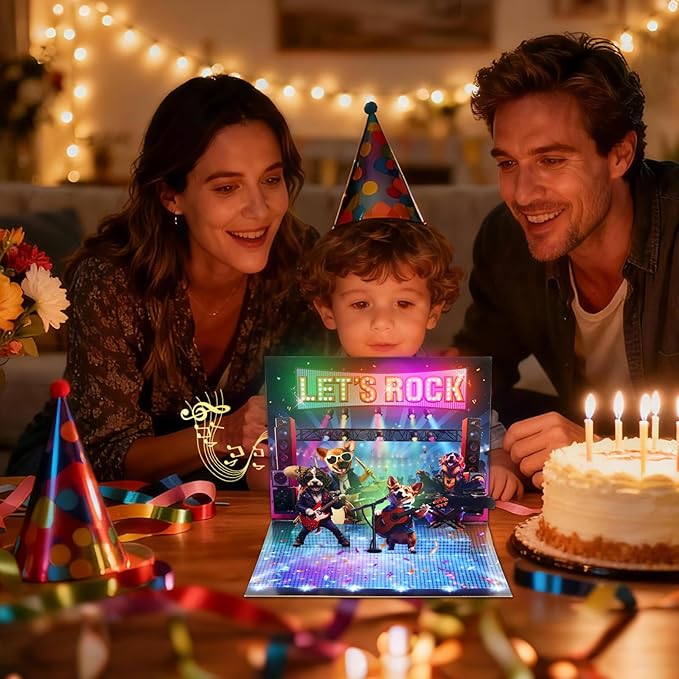 3D Pop Up Birthday Cards, Musical Rock Dog Band Birthday Cards, Happy Birthday Gifts for Mom Women Men Kids Child Dad Father Wife (Black)