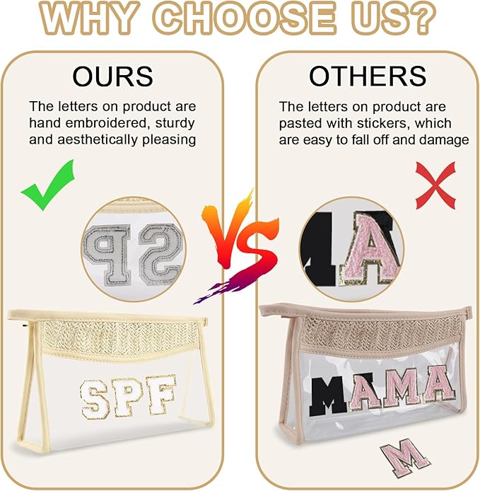 Iqimott Boho Patch SPF Bag Clear Makeup Letter Bag, Waterproof Zipper Make up Bags Toiletry Pouch for Women Girls, Clear Letter Patch Cosmetic Bags Transparent Organizer Pouch for Travel(SPF, Beige)
