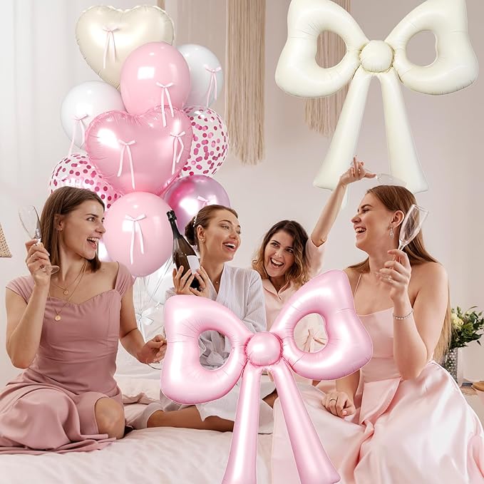 Pink and Cream Heart Balloons, 38 Inch Bow Balloons, White Metallic Pink Confetti Balloon with Bow Ribbons for Girls Women Birthday Wedding Bridal Baby Shower Valentines Day Decorations