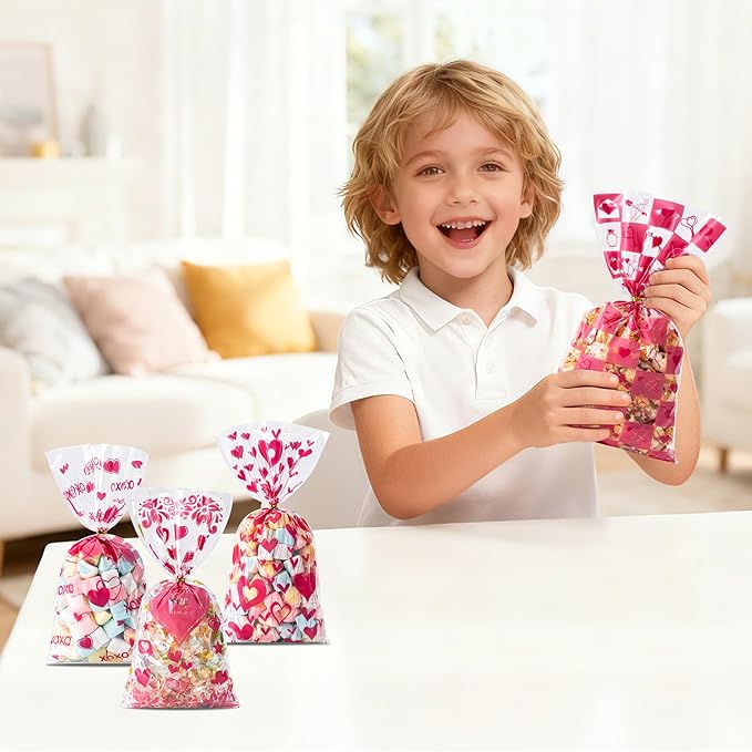 Aegero Valentines Cellophane Bags 120pcs Valentines Candy Bags with 140pcs Twists for Valentine's Candy Cookie Goodie Snack Bag for Valentines Day Wedding Party Favor Supplies,Classroom Parties Valentine04-LOVE and HEART