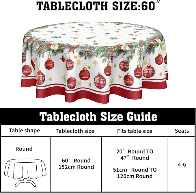 Christmas Round Tablecloth 60 Inch Xmas Bells and Snowflake Pattern Table Cloth Circle Winter Holiday Table Cover Washable Polyester Indoor Decor for Home Kitchen Dinning Party