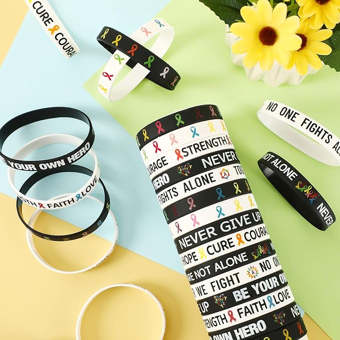 JUNEBRUSHS 42pcs Cancer Awareness Silicone Wristband Bulk All Prevention Ribbon Inspirational Rubber Bracelets for Cancer Fighters Favor Dress-Up Supplies