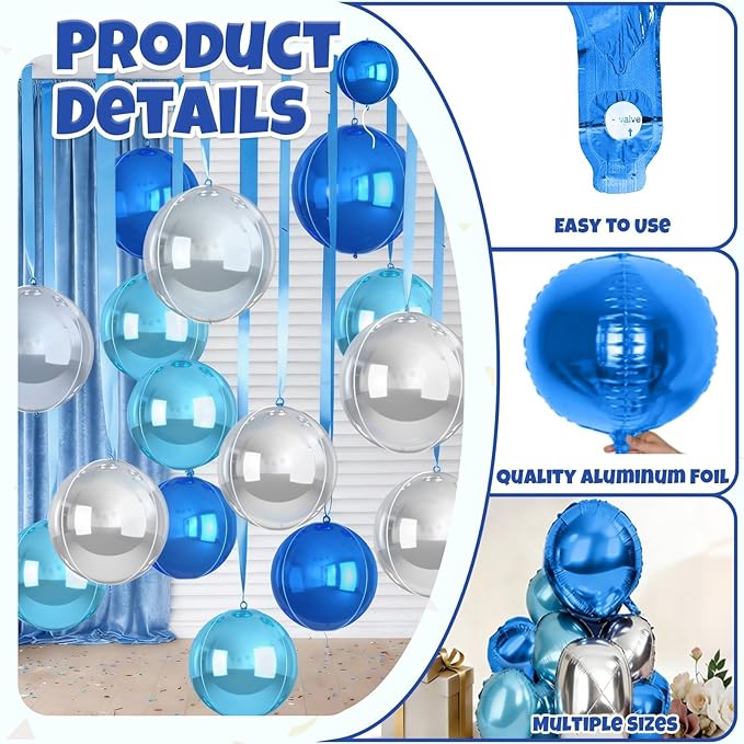 Blue and SIlver Round Balloons Foil, 12 Pcs Round Shaped Balloon Different Size 22" 18" 15" 10", Metallic Blue Silver Balloons for Xmas Prom Graduation Baby Shower Birthday Party Decorations