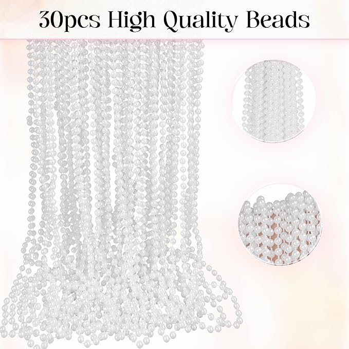 HOOSUN 30 Pack Mardi Gras Beads Necklaces Bulk, Mardi Gras Accessories for Party Favors,White Decoration St Patricks Day Necklace Party Supplies Mardi Gras Decor For Party, School Event,Home