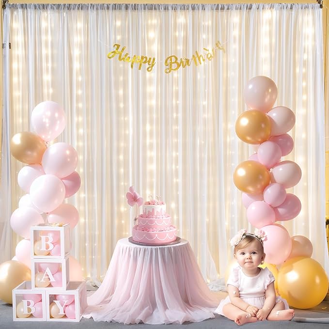 10x10ft White Chiffon Backdrop Curtain with Lights String for Wedding Sheer Tulle Curtain Photo Backdrops Drapes for Baby Shower Birthday Party Home Ceremony Decorations