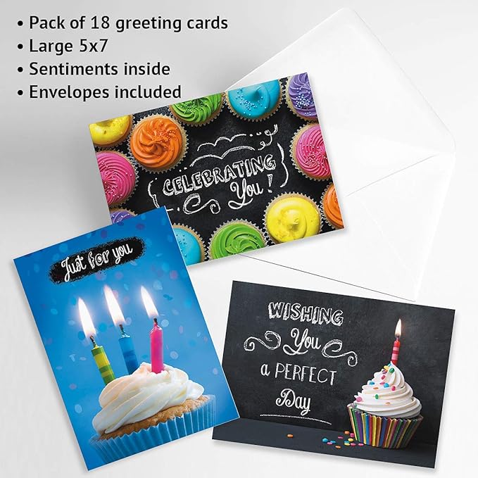 Current Bright Blackboard Birthday Greeting Card Value Pack – Set of 18 (9 Designs), Large 5 x 7 inches, Envelopes Included