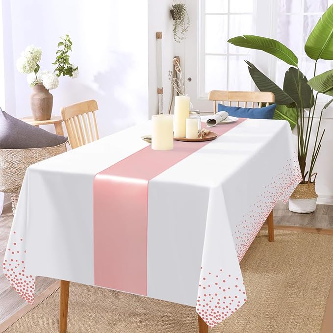 12 Pack Rose Gold Color Tablecloth Table Runner Set, Disposable Tablecloth, White & Rose Gold Dot Pink Satin Table Runner for Wedding Birthday Anniversary Party Decorations