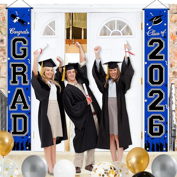 WOHOHOHO 23Pcs Graduation Decorations 2026 Set, Blue Porch Door Sign GRAD Banner, Class of 2026 Backdrop, 5 Colors Large Balloons, Hanging Party Supplies for High School College Indoor Outdoor Decor