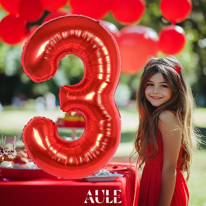 AULE 40 Inch Big Red 3 Balloon Number Large Foil Helium Number Balloons 0-9 Jumbo Giant Happy 3rd Birthday Party Decorations for Boy or Girl Huge Mylar Anniversary Party Supplies