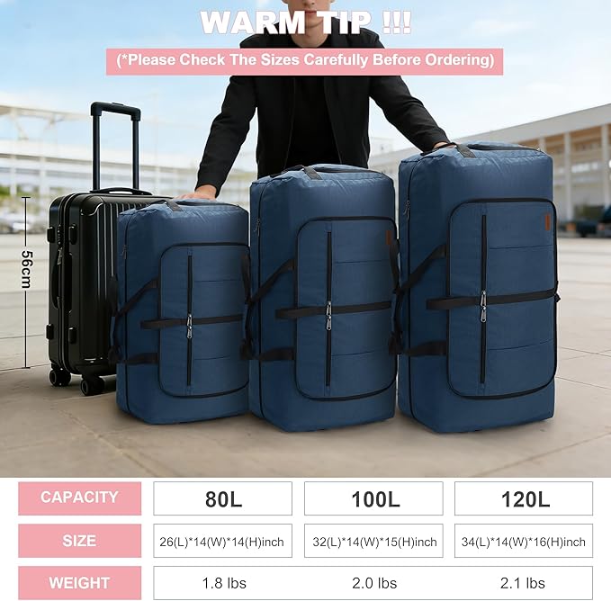120L Foldable Waterproof Travel Duffel Bag for Men and Women with Shoe Compartment (Dark Blue, EXTRA LARGE, 120L)