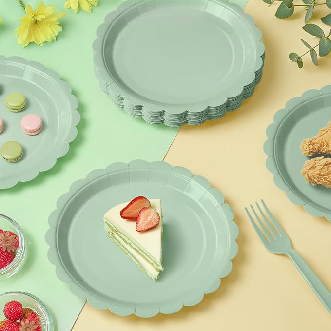 105PCS Paper Plates and Napkins Set,7 Inch Scalloped Disposable Tableware with Forks for Birthdays, Garden Parties & Outdoor Events,Serves 35 (Sage Green)
