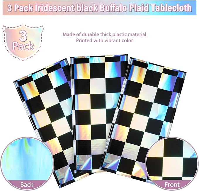 3Pack Black and Iridescent Checkered Plastic Tablecloth, Shiny Disposable Laser Rectangle Table Covers, Holographic Foil Tablecloth Iridescent Party Decorations for Picnic Camping Race Car, 54x108Inch