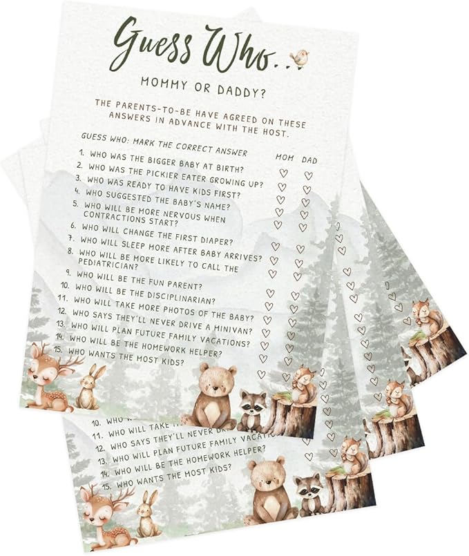 Printed Party Woodland Baby Shower Games for Boy – Set of 4 Games for 30 Guests, Forest Animal Theme, Includes Bingo, Mommy Trivia, Icon Storybook Phrases, and Guess Who Mommy or Daddy