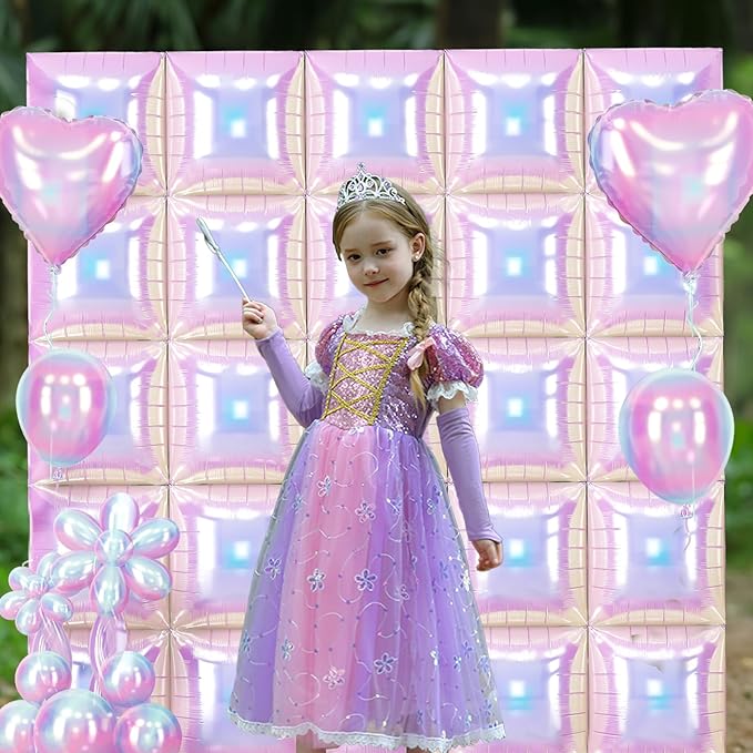 Iridescent Balloons Wall Square, 25Pcs Transparent Laser Foil Balloon Backdrop, Double Sided Gradient Crystal Colorful Balloon Tunnel Arch Background for Birthday Wedding Baby Shower Easter Rainbow