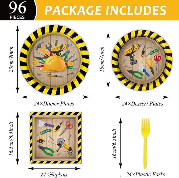 chiazllta 96 Pcs Handyman Tools Party Paper Plate and Napkins Construction Birthday Party Decorations Little Builder Handy Party Paper Plates Napkins Forks for Party Favors 24 Guests