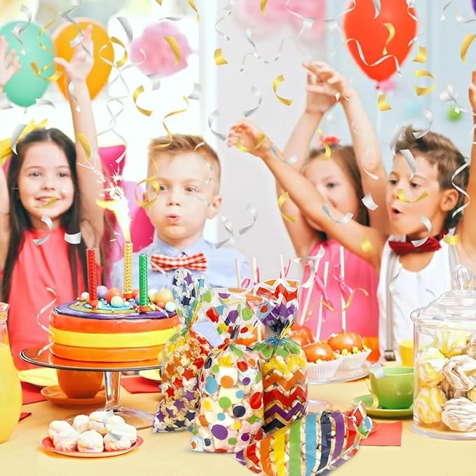 Party Favor Bags for Kids Birthday, 200 PCS Rainbow Cellophane Treat Goodie Candy Gifts Bags with Ties Colored Pouch Stuffers Baby Show Supplies Baggies Colorful Dot Stripes Printed Wrap(5x11 Inch)