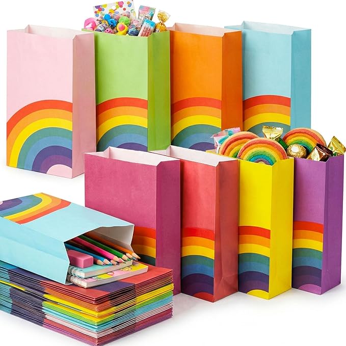 LovesTown 36 Pack Party Favor Bags, 4.8 x 3 x 8.7 Inch Rainbow Paper Bags 8 Colors, for Kids Christmas Birthdays Baby Showers Party Supplies