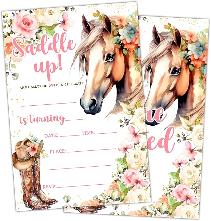 Floral Horse Birthday Party Invitation Cards for Women Girls Kids, Watercolor Cowgirl Birthday Celebration Party Invite Cards Supplies, 20 Double-Sided Fill In Invites With Envelopes -12