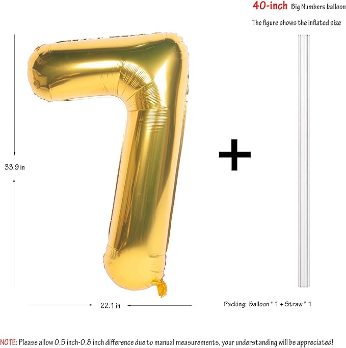 40 Inch Large Gold Number Balloons 7 Aluminum Foil Mylar Big Number Balloons 0-9 Suitable for Gold Birthday Parties, Weddings and Anniversary Photography