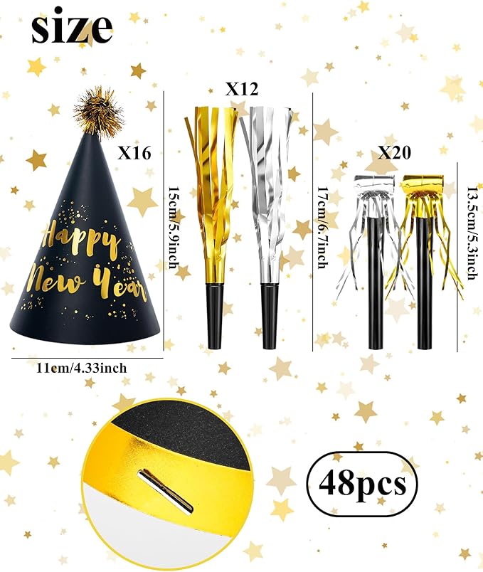48 Pcs Happy New Year 2026 Party Hats – Gold NYE Cone Hats, Horns & Whistles Set for Adults & Kids, Black Gold New Year’s Eve Party Supplies Decorations