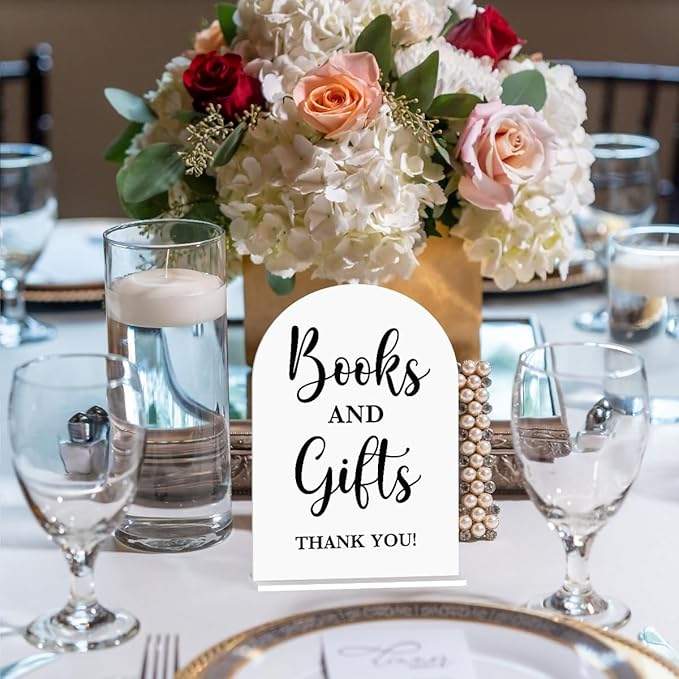 Baby in Bloom Shower Decorations, Baby Shower Sign, Newborn Gifts, Books and Gifts Signs, Modern Calligraphy Arched Acrylic Table Top Signs With Stand for Birthday Party Decorations (White)