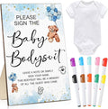 Qunclay 12 Pcs Baby Shower Game Decor with White Unisex Bodysuit Wooden Sign Tabletop Decor and Marker for Guests(Blue Bear)
