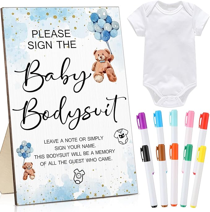 Qunclay 12 Pcs Baby Shower Game Decor with White Unisex Bodysuit Wooden Sign Tabletop Decor and Marker for Guests(Blue Bear)