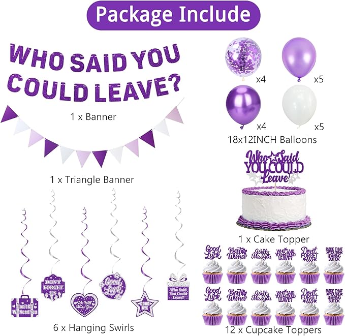 Roetyce Farewell Party Decorations, Purple Silver Who Said You Could Leave Banner Cake Toppers Balloons Hanging Swirls, Going Away Retirement Leaving Party Decorations, Coworker Goodbye Party Supplies