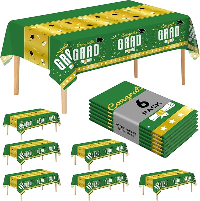 6 Pack Disposable Plastic Tablecloth 54" x 108" Green Class of 2026 Grad Party Table Cloths Disposable for 6 to 8 Foot Tables Graduation Party Indoor or Outdoor (Graduation Green)