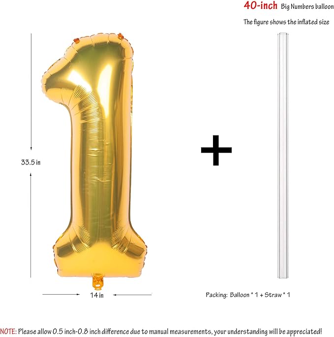 40 Inch Large Gold Number Balloons 1 Aluminum Foil Mylar Big Number Balloons 0-9 Suitable for Gold Birthday Parties, Weddings and Anniversary Photography