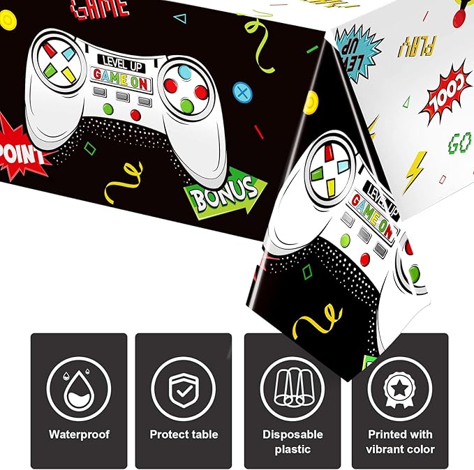 Tatuo 3 PCS Video Game Table Cover, Game Theme Birthday Decoration Plastic Table Cloth Party Supplies for Boys Girls Kids Player Geek Party Decorations, 54 x 108 Inch (Cool Black)