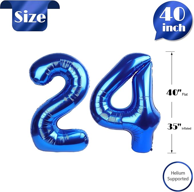 Navy Blue Number 24 Balloon 40 inch, 24 Number Balloons, 24th Navy Blue Birthday Decorations, 24 Year Old Women Men Blue Party Supplies