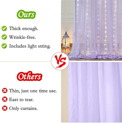 10ft x 10ft Lavender Chiffon Backdrop Curtain with Lights String for Parites Wedding Wrinkle Free Curtain Photo Backdrops Drapes for Baby Shower Birthday Party Home Decorations
