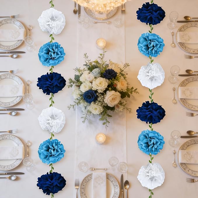Blue Flower Garland for Backdrop - 2 Pcs Hanging Artificial Flower Garlands for Wedding Birthday Party Decor, 8.2 Ft Fake Paper Floral Vines for Room Wall Table Home Decoration