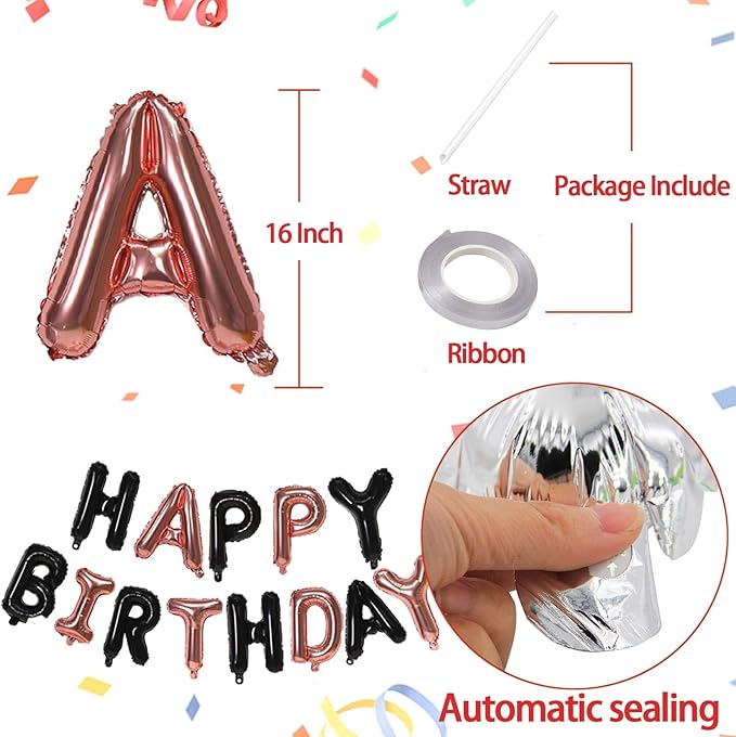 KALOR Black and Rose GoldHappy Birthday Balloons Banner, 16 Inch Mylar Foil Letters Balloon Sign for Birthday Party Decorations Photo Booth Backdrop