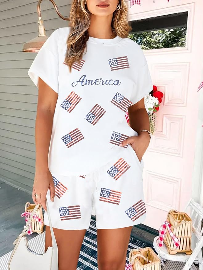 VILOVE 4th of July 2 Piece Sequin Outfits Women 250 Anniversary Usa Shirts and Short Sets Casual Patriotic Shirt Summer Set