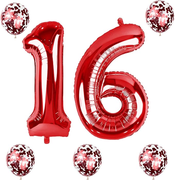 16th Birthday Balloons Red, 40 In Giant Digital Foil Number 1 and 6 Balloons with Confetti Balloons, Number 16 61 Balloons Self Inflating for Boys Girls Women Anniversary Party Decorations Supplies