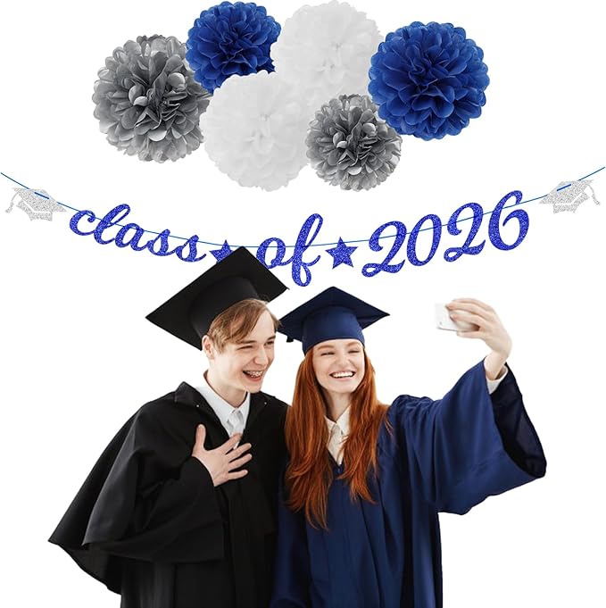 Navy-Blue White-Silver Party-Decoration Graduation Banner - 14pcs Kits Cap Garland Streamers, Royal Paper Tissue Pom Poms Flowers Fans Honeycomb,Class Of 2026 College High School Grad Decor Hugfond